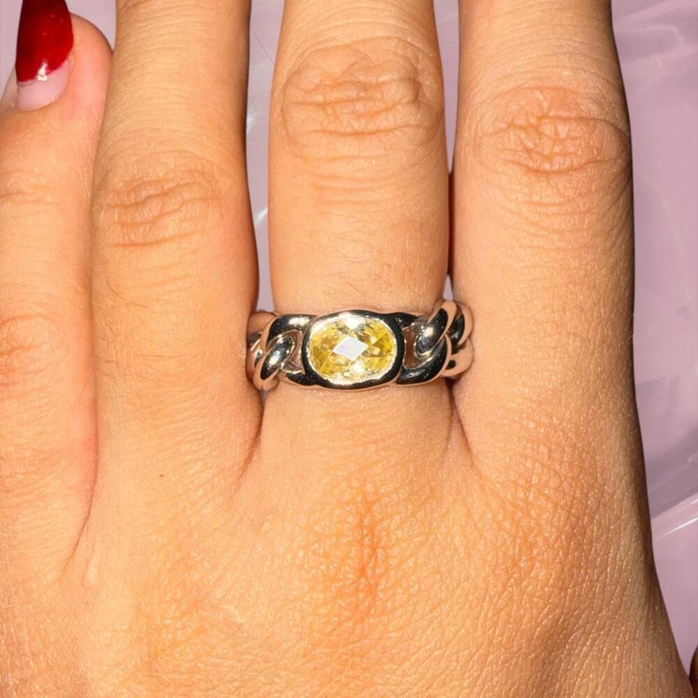 Vintage Y2K unique chunky Cuban chain yellow gem ring 925 Sterling Silver edgy